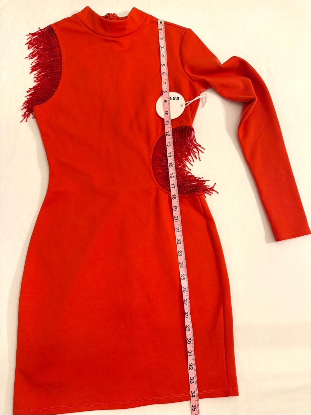 STAUD Mini Kirsten Dress in Fire Red Long-Sleeve with Fringe Cutouts Size Small - Picture 11 of 15